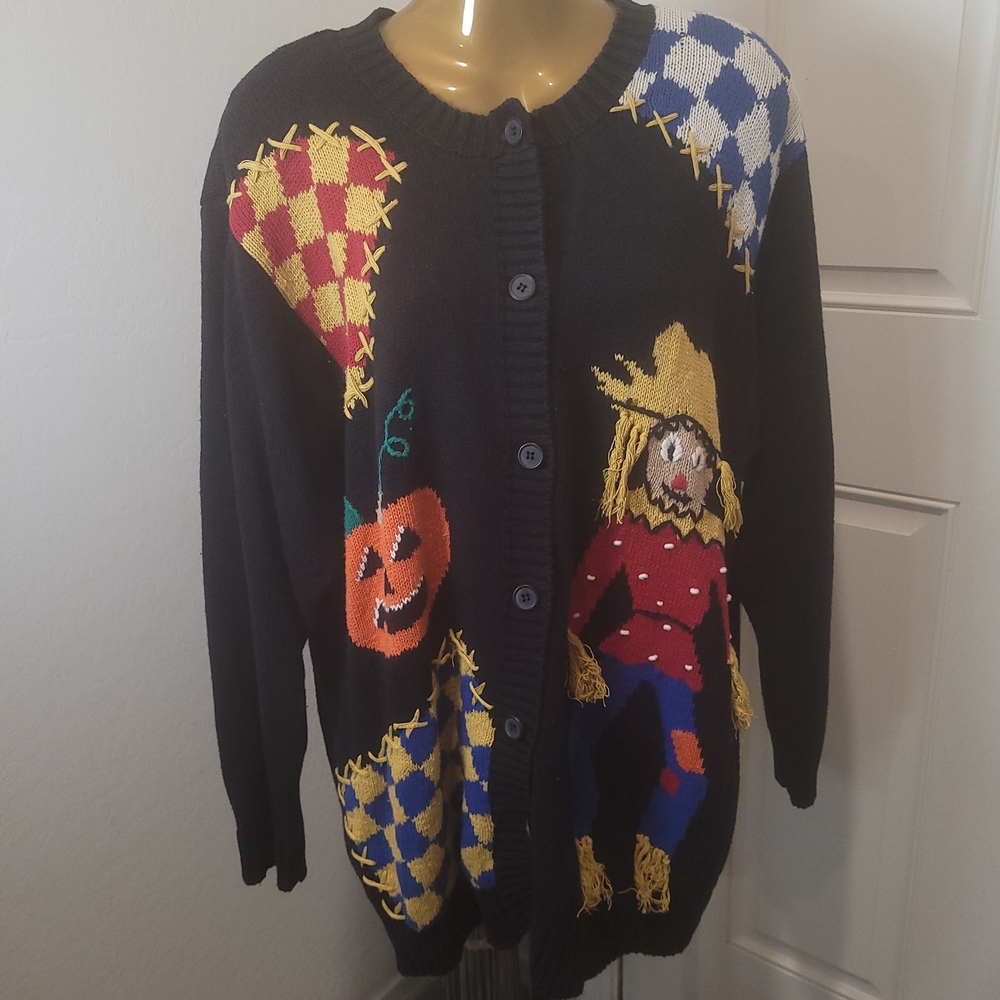Vintage Colorful Patchwork Cardigan Sweater Scarecrow Pumpkin